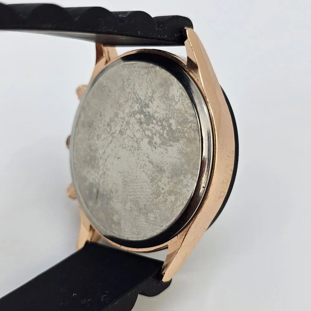 38MM Women's Watch Analog 38MM Black Dial Gold Case Black Plastic Bands New Batt